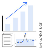 Bar graph with upward arrow document with pages, line graph with data points. Ideal for analytics, business growth, data analysis, financial trends, market research, progress tracking, strategic. Growth and Progress Chart with Rising Graph and Analytical Documents. Стоковая иллюстрация, агентство Ingram Publishing / Фотобанк Лори