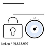 Padlock alongside a stopwatch representing security and punctuality. Ideal for themes of security, time management, productivity, efficiency, deadline, protection, privacy. Line metaphor. Protection and Time Management Black and White Padlock and Stopwatch Symbols. Стоковая иллюстрация, агентство Ingram Publishing / Фотобанк Лори