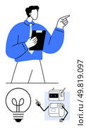 Man holding clipboard, pointing robot gesturing with antennae lightbulb icon. Ideal for technology, business innovation, AI, collaboration, teamwork, creativity, productivity. Line metaphor. Business Professional Holding Clipboard With Robot Assistant and Idea Bulb Symbolizing Innovation. Стоковая иллюстрация, агентство Ingram Publishing / Фотобанк Лори