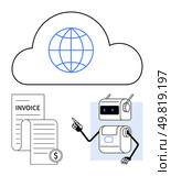 Cloud storage icon with a globe, robotic figure pointing at an invoice document, and a dollar symbol. Ideal for automation, finance, cloud computing, global connectivity, digital invoicing, robotics. Cloud Computing for Finance Robot Interacting with Electronic Invoice Under Global Network Icon. Стоковая иллюстрация, агентство Ingram Publishing / Фотобанк Лори