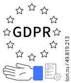 GDPR textual element surrounded by twelve stars, with images of a hand, checklist, and gear. Ideal for compliance, data protection, privacy, regulations law security policy. Line metaphor. GDPR Compliance Concept with Hand, Checklist, and Stars Emblem. Стоковая иллюстрация, агентство Ingram Publishing / Фотобанк Лори