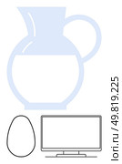 Ceramic jug, seamless egg outline, flat screen television. Ideal for kitchen themes, technology commentary, graphic design, decor, simplicity in art educational material. Line metaphor. Minimalist collection featuring jug, egg, and television outlined vectors in pastel and monochrome. Стоковая иллюстрация, агентство Ingram Publishing / Фотобанк Лори