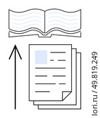 Arrow pointing from stack of documents to open book, signifying transfer or transformation of information. Ideal for education, publishing, research, knowledge management, libraries, information. Transition from Document to Open Book Indicating Knowledge Sharing and Information Access. Стоковая иллюстрация, агентство Ingram Publishing / Фотобанк Лори