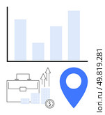 Bar graph in blue, briefcase, rising arrow, coins and blue location pin emphasizing financial growth, strategy, and business planning. Ideal for corporate presentations, financial reports, business. Business growth chart with briefcase, coin stack, location pin representing financial success and strategy. Стоковая иллюстрация, агентство Ingram Publishing / Фотобанк Лори