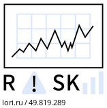 Line graph showing fluctuating market trends, warning symbol, and RISK text. Ideal for finance, investment, business risk assessment, economic forecasting, decision making, data analysis corporate. Financial Risk Management with Line Graph and Warning Symbol Emphasizing Market Trends. Стоковая иллюстрация, агентство Ingram Publishing / Фотобанк Лори