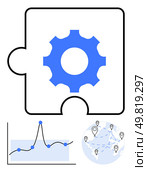 Puzzle piece with gear graph with data points networked globe. Ideal for tech, analytics, global reach, innovation, problem-solving, efficiency, connection. Line metaphor. Integrating Technology and Data Analysis for Global Connectivity. Стоковая иллюстрация, агентство Ingram Publishing / Фотобанк Лори