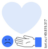 Hand extended in giving gesture, sad face emoticon, large heart. Ideal for empathy, compassion, support, charity, love kindness altruism. Line metaphor. Outstretched Hand with Sad Emoticon and Large Heart Symbolizing Help, Love, and Empathy. Стоковая иллюстрация, агентство Ingram Publishing / Фотобанк Лори