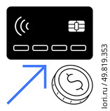 Contactless credit card with chip, blue upward arrow, and coin. Ideal for promoting digital payments, financial technology, contactless transactions, online shopping, mobile banking, financial. Contactless credit card with chip and currency coin representing cashless transactions and digital payments. Стоковая иллюстрация, агентство Ingram Publishing / Фотобанк Лори