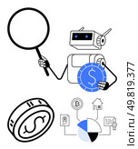 Robot holding magnifying glass and dollar coin. Icons showing cryptocurrency, savings, growth chart, documents, house, pie chart. Ideal for finance, technology AI blockchain investment data. Robot using magnifying glass to analyze finance symbols thumbs up dollar coins, cryptocurrency, and savings chart. Стоковая иллюстрация, агентство Ingram Publishing / Фотобанк Лори