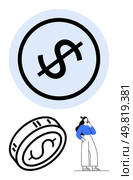 Dollar sign inside circle, tilted coin with dollar sign, thoughtful woman in blue holding document. Ideal for finance, investment, savings, budgeting, economy personal growth decision making. Line. Contemplative Woman with Coin and Dollar Sign in Contrast Colors. Стоковая иллюстрация, агентство Ingram Publishing / Фотобанк Лори