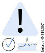 Triangle with bold exclamation mark, tick in circle, line chart with data points. Ideal for warning systems, decision making, safety protocols, data analysis, progress tracking, risk management. Balancing Risk and Progress Navigating Safety Alerts with Data-Driven Decision Making. Стоковая иллюстрация, агентство Ingram Publishing / Фотобанк Лори