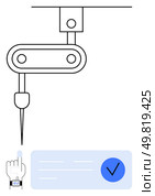 Robotic arm working with high precision needle above touch screen pressed by hand with smartwatch. Ideal for technological advancements, automation, industry, smart devices, productivity, innovation. Precision Robotic Arm with Touch Interface Highlighting Automation and Technological Efficiency. Стоковая иллюстрация, агентство Ingram Publishing / Фотобанк Лори