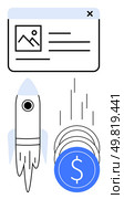 Rocket launching vertically paired with coin stack dropping over a dollar sign coin and web, v08site popup. Ideal for finance, startups, e-commerce, digital marketing, investment, economic growth. Rocket Launch and Website Popup Representing Rapid Online Financial Growth. Стоковая иллюстрация, агентство Ingram Publishing / Фотобанк Лори