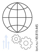 Globe with longitudinal and latitudinal lines above two gears and three upward arrows. Ideal for global innovation, technology growth, engineering development, progress, modernization, industry. Global Sphere with Gears and Upward Arrows Conceptualizing Innovation and Progress. Стоковая иллюстрация, агентство Ingram Publishing / Фотобанк Лори