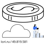 Woman working on laptop sitting on bar graph, large coin, and cloud icon. Ideal for finance, data analysis, remote work, cloud computing, business growth investment digital economy. Line metaphor. Woman working on laptop sitting on bar graph, cloud icon and large coin. Стоковая иллюстрация, агентство Ingram Publishing / Фотобанк Лори