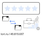 Business folders exchanging data, briefcase with rising arrows and money stacks, five-star rating bar. Ideal for business success, data transfer, financial growth, performance evaluation, corporate. Business folders exchange, briefcase with increasing graph and stacks of coins, five-star rating. Стоковая иллюстрация, агентство Ingram Publishing / Фотобанк Лори