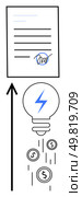 Lightbulb with lightning coins fall arrow points to signed contract. Ideal for innovation, success, entrepreneurship, finance, business strategy, creativity, progress. Line metaphor. Pathway from Innovation to Success Transforming Bright Ideas into Lucrative Contracts. Стоковая иллюстрация, агентство Ingram Publishing / Фотобанк Лори