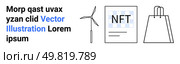 Wind turbine generating clean energy, NFT book representing digital art, and shopping bag illustrating e-commerce. Ideal for sustainability, digital assets, online shopping, technology, future. Integration of Renewable Energy, NFTs, and E-commerce for Future Concept. Стоковая иллюстрация, агентство Ingram Publishing / Фотобанк Лори