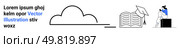 Cloud icon alongside an open book and a student on a laptop wearing a graduation cap. Ideal for online learning, cloud storage, education technology, e-learning platforms, digital libraries, academic. Cloud storage concept with open book and student sitting on a laptop in a learning environment. Стоковая иллюстрация, агентство Ingram Publishing / Фотобанк Лори