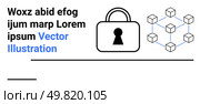 Large central lock icon symbolizes security. Adjacent to it, interconnected cubes represent blockchain technology. Ideal for cybersecurity, data protection, blockchain, encryption, safe network. Digital Security Concept Featuring Lock and Blockchain Cube Network Design. Стоковая иллюстрация, агентство Ingram Publishing / Фотобанк Лори