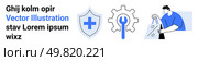 Shield with cross symbol, gear with wrench, and man holding shopping bags. Ideal for healthcare, tools, shopping, protection, labor medical and industry-related themes. Landing page. Shield with Cross, Gear with Wrench, Man Holding Shopping Bags Illustration for Multifaceted Protection. Стоковая иллюстрация, агентство Ingram Publishing / Фотобанк Лори