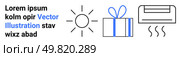 Sun icon representing warmth, gift box with ribbon signifying celebration, air conditioner symbolizing cooling, and placeholder text for typography. Ideal for weather, gifting, climate control. Sun icon, gift box with ribbon, air conditioner with steam, and placeholder text for modern design. Стоковая иллюстрация, агентство Ingram Publishing / Фотобанк Лори