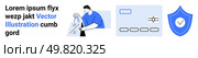Man analyzing data represented through charts, a credit card symbolizing online transactions, and a shield with a checkmark for security. Ideal for business, finance, security, technology, data. Data Analysis, Secure Payment, and Information Shielding Concept with Blue Theme. Стоковая иллюстрация, агентство Ingram Publishing / Фотобанк Лори