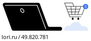 Laptop next to shopping cart icon with notification badge. Ideal for e-commerce, online shopping, digital marketing, retail technology, business growth, consumer behavior, internet trends. Line. Laptop with Online Shopping Cart Notification Symbolizing Digital Shopping Experience. Стоковая иллюстрация, агентство Ingram Publishing / Фотобанк Лори