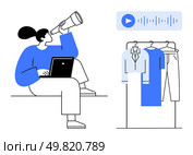 Person with ponytail using telescope while holding laptop clothes on rack and audio player interface. Ideal for remote work, focus, fashion, technology, multitasking, audio streaming, creativity. Remote worker with laptop using telescope, surrounded by clothing rack and audio player interface. Стоковая иллюстрация, агентство Ingram Publishing / Фотобанк Лори