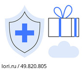 Shield with health cross, gift box with blue ribbon, and cloud. Ideal for insurance, health care, safety, security, online services holiday promotions and cloud storage themes. Line metaphor. Shield with Health Cross, Gift Box with Blue Ribbon, and Cloud for Protection and Security. Стоковая иллюстрация, агентство Ingram Publishing / Фотобанк Лори
