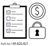 Checklist with marked items, dollar sign, and padlock symbolizing financial security and stability. Ideal for finance, security, planning, organization, budgeting savings goal setting. Line. Financial security checklist with lock icon representing safety and economic stability. Стоковая иллюстрация, агентство Ingram Publishing / Фотобанк Лори