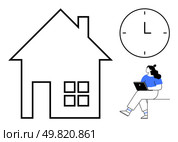 Woman working on laptop while sitting, next to a house and clock. Ideal for remote work, time management, home office setup, productivity, work-life balance, freelancing, and telecommuting themes. Woman Working Remotely with Laptop Next to House and Clock Symbolizing Work-Life Balance. Стоковая иллюстрация, агентство Ingram Publishing / Фотобанк Лори