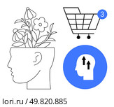 Person with flowers sprouting from head symbolizing creativity, shopping cart with notification, and human head with arrows for growth mindset. Ideal for mental health, creativity, self-improvement. Person with Flowers Sprouting from Head, Shopping Cart with Notification, and Human Head with Arrows. Стоковая иллюстрация, агентство Ingram Publishing / Фотобанк Лори