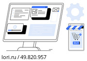 A desktop computer displaying multiple widgets such as emails and images alongside a mobile device showing a shopping cart with a buy button on the screen. Ideal for e-commerce, user interface. Desktop and Mobile E-Commerce Interface with Screens and Shopping Cart App. Стоковая иллюстрация, агентство Ingram Publishing / Фотобанк Лори