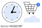 Clock face with hands, shopping cart icon with notification, and cloud icon. Ideal for e-commerce, time management, online shopping, cloud computing, digital marketing reminders productivity. Line. Clock, Shopping Cart with Notification, and Cloud Icon Representing Time Management and E-Commerce. Стоковая иллюстрация, агентство Ingram Publishing / Фотобанк Лори