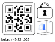 QR code alongside a padlock and shopping bag encapsulates secure online shopping transactions. Ideal for ecommerce, payment security, mobile transactions, digital marketing, tech security, online. QR code with lock and shopping bag elements representing security in online transactions. Стоковая иллюстрация, агентство Ingram Publishing / Фотобанк Лори