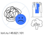 Blue sad face overlays tangled lines, crossed out. Clothing neatly organized on hangers, simple tree illustration. Ideal for mental health awareness, organization tips, stress relief, minimalism. Simplifying Life Declutter Your Mind and Space with Organization and Calmness. Стоковая иллюстрация, агентство Ingram Publishing / Фотобанк Лори