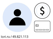 User profile icon, credit card with chip, and dollar sign circled. Ideal for online payments, financial identity, banking, e-commerce, secure transactions digital wallets and payment systems. Line. User profile, credit card, and dollar sign representing online payments and financial identity. Стоковая иллюстрация, агентство Ingram Publishing / Фотобанк Лори