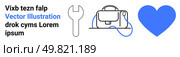 Wrench, bag, heart icon in blue and black with placeholder text. Ideal for websites, manuals, presentations, advertisements, business cards, educational materials, and marketing. Landing page. Wrench, Bag, and Heart with Sample Text - Versatile Design Elements. Стоковая иллюстрация, агентство Ingram Publishing / Фотобанк Лори