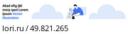 Technician working on cloud settings, using tablet to adjust configurations. Ideal for cloud security, data management, IT support, software updates, cyber security, online services, digital storage. Cloud Security Specialist Adjusting Settings for Secure Data Storage and Maintenance. Стоковая иллюстрация, агентство Ingram Publishing / Фотобанк Лори