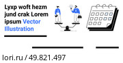 Two figures balancing on a scale, one holding a briefcase and the other a lightbulb, alongside a calendar. Ideal for teamwork, problem-solving, business, project management, planning, innovation. Business Collaboration and Problem-Solving Concept with Teamwork and Balance Elements. Стоковая иллюстрация, агентство Ingram Publishing / Фотобанк Лори
