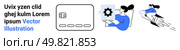 Credit card icon, person configuring settings, and individual riding a rocket symbolize efficient business processes and technological advancement. Ideal for business, technology, finance, teamwork. Streamlined Business Workflow with Technology and Team Collaboration. Стоковая иллюстрация, агентство Ingram Publishing / Фотобанк Лори