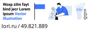Man in blue shirt holding shopping bags with percentage sign, next to carbon footprint icon and CO2 reduction arrow. Ideal for environmental impact, sustainability, shopping, eco-friendly, marketing. Man holding shopping bags with percentage sign, foot carbon footprint icon, and CO2 reduction symbol. Стоковая иллюстрация, агентство Ingram Publishing / Фотобанк Лори