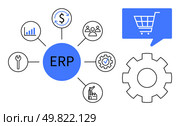 ERP central node connected to icons of analytics, finance, HR, tools, production, and quality. Adjacent shopping cart in speech bubble and gear icon. Ideal for business management, software. ERP System Network with Key Functional Icons Representing Business Processes and Productivity Improvements. Стоковая иллюстрация, агентство Ingram Publishing / Фотобанк Лори