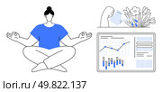 Woman meditating, hand watering plants, analytical graph screen. Ideal for wellness, productivity, mindfulness, work-life balance, relaxation, nature care, multitasking themes. Line metaphor. Balanced lifestyle illustration featuring yoga, gardening, and data analysis representing diverse activities. Стоковая иллюстрация, агентство Ingram Publishing / Фотобанк Лори