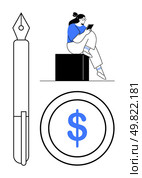 Woman seated on a cube engrossed in digital device, large fountain pen, dollar symbol coin. Ideal for education, finance, writing, freelancing, technology business growth themes. Line metaphor. Digital Learning and Financial Growth Concept with Fountain Pen, Seated Woman, and Dollar Symbol. Стоковая иллюстрация, агентство Ingram Publishing / Фотобанк Лори