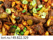 Tatar cuisine, Tatar food, azu. Beef stewed with potatoes and pickles. Meat ragout, food background.. Tatar meat azu. Стоковое фото, агентство Ingram Publishing / Фотобанк Лори