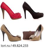Four female high-heeled shoes isolated on white background. Стоковое фото, агентство Ingram Publishing / Фотобанк Лори