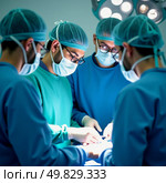In a sterile environment, a dedicated surgical team works meticulously together, focused on a vital operation, illuminated by operating lights, displaying precision and care Generative AI. Стоковое AI-изображение, AI-художник Юлия Петровская / Фотобанк Лори