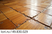Cracked and damaged wooden tiles tell a story of neglect and wear, hinting at the vibrant life that once filled this space. Light reflects softly, highlighting the textures Generative AI. Стоковое AI-изображение, AI-художник Юлия Петровская / Фотобанк Лори
